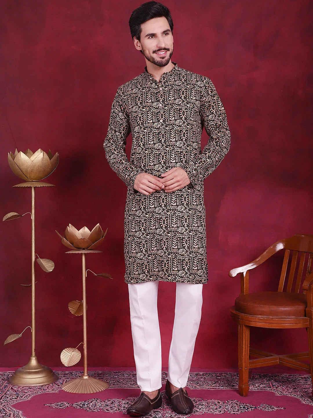 Olive Mens Kurta Pajama Set - Digital Printed Kurta Pajama