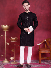 Men's Sequins Chikankari Embroidered Kurta with Pyjama ( JOKP P 5015 Black ) [FF] [K-1 to 3 & K6]