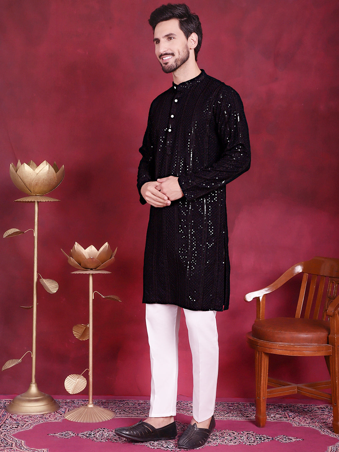 DesiQlo Men Embroidered Kurta Pyjama Set - Black - JOKP_P_5015Black_S