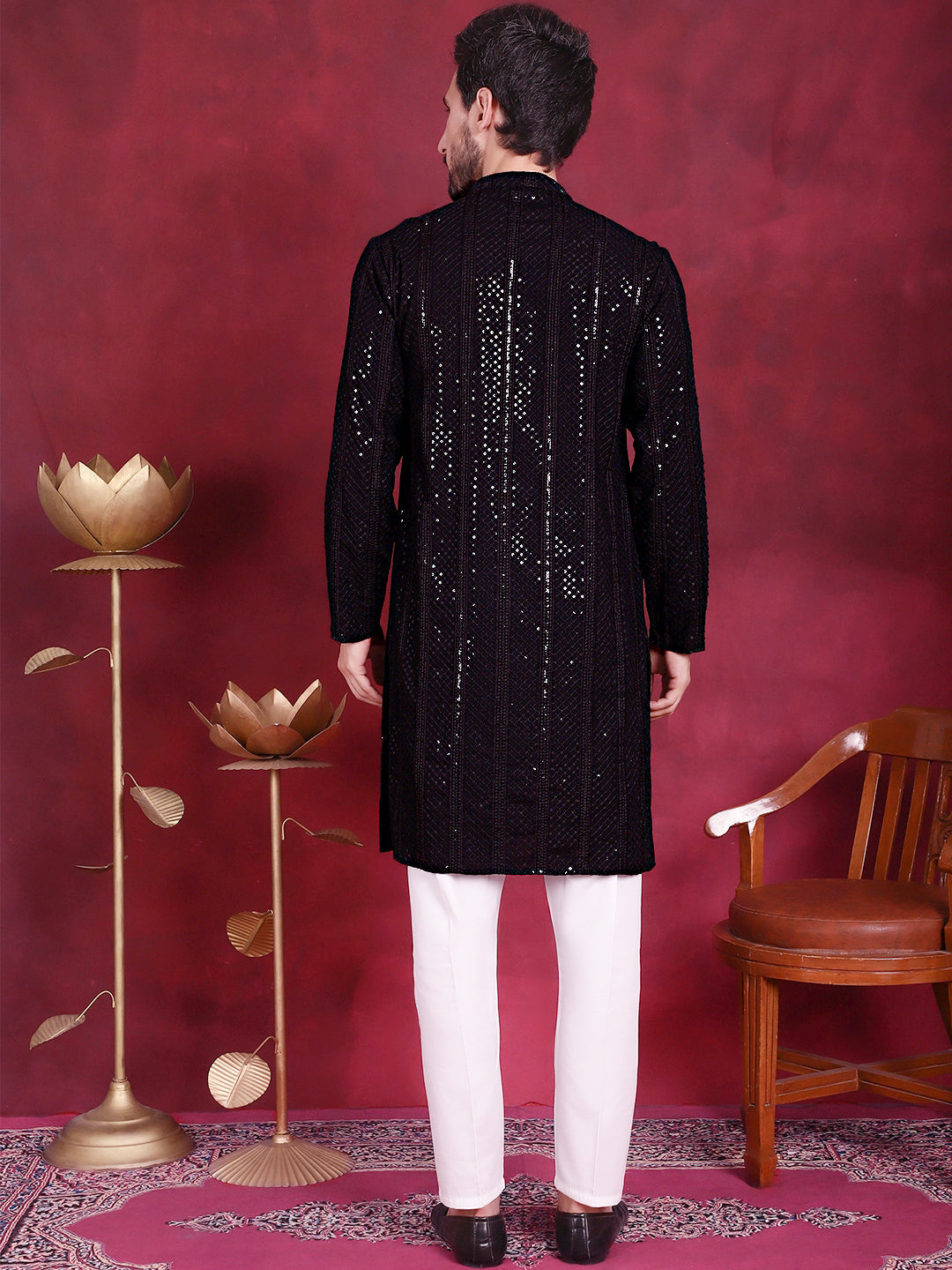 DesiQlo Men Embroidered Kurta Pyjama Set - Black - JOKP_P_5015Black_S
