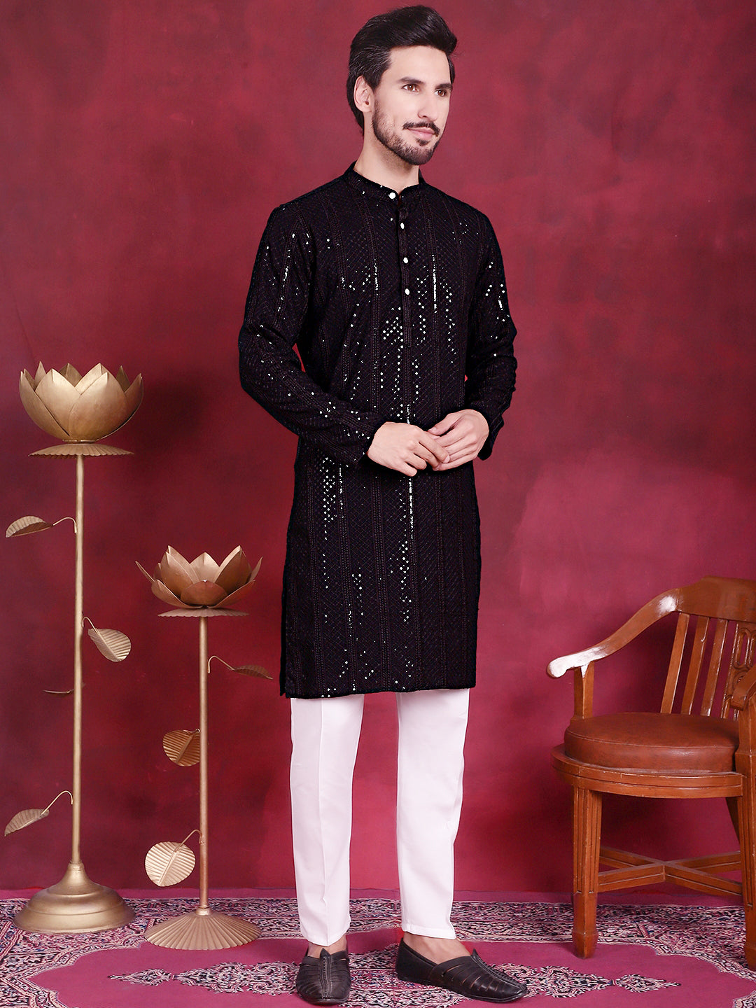 DesiQlo Men Embroidered Kurta Pyjama Set - Black - JOKP_P_5015Black_S