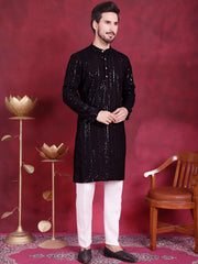 Men's Sequins Chikankari Embroidered Kurta with Pyjama ( JOKP P 5015 Black ) [FF] [K-1 to 3 & K6]