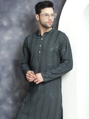 Men's Sequins Chikankari Embroidered Kurta with Pyjama ( JOKP P 5015Grey )