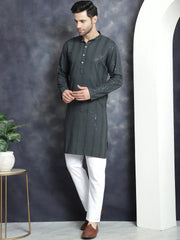 Men's Sequins Chikankari Embroidered Kurta with Pyjama ( JOKP P 5015Grey )