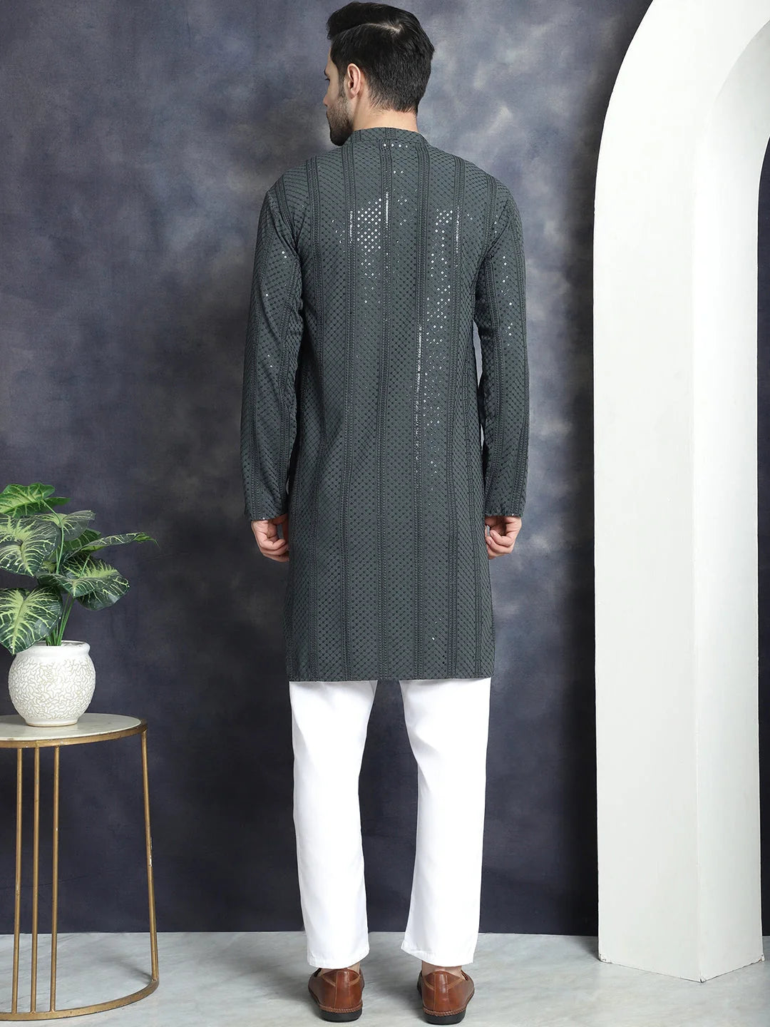 Men's Grey Embroidered Kurta Pajama Set | Sequins Kurta