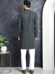 Men's Sequins Chikankari Embroidered Kurta with Pyjama ( JOKP P 5015Grey )