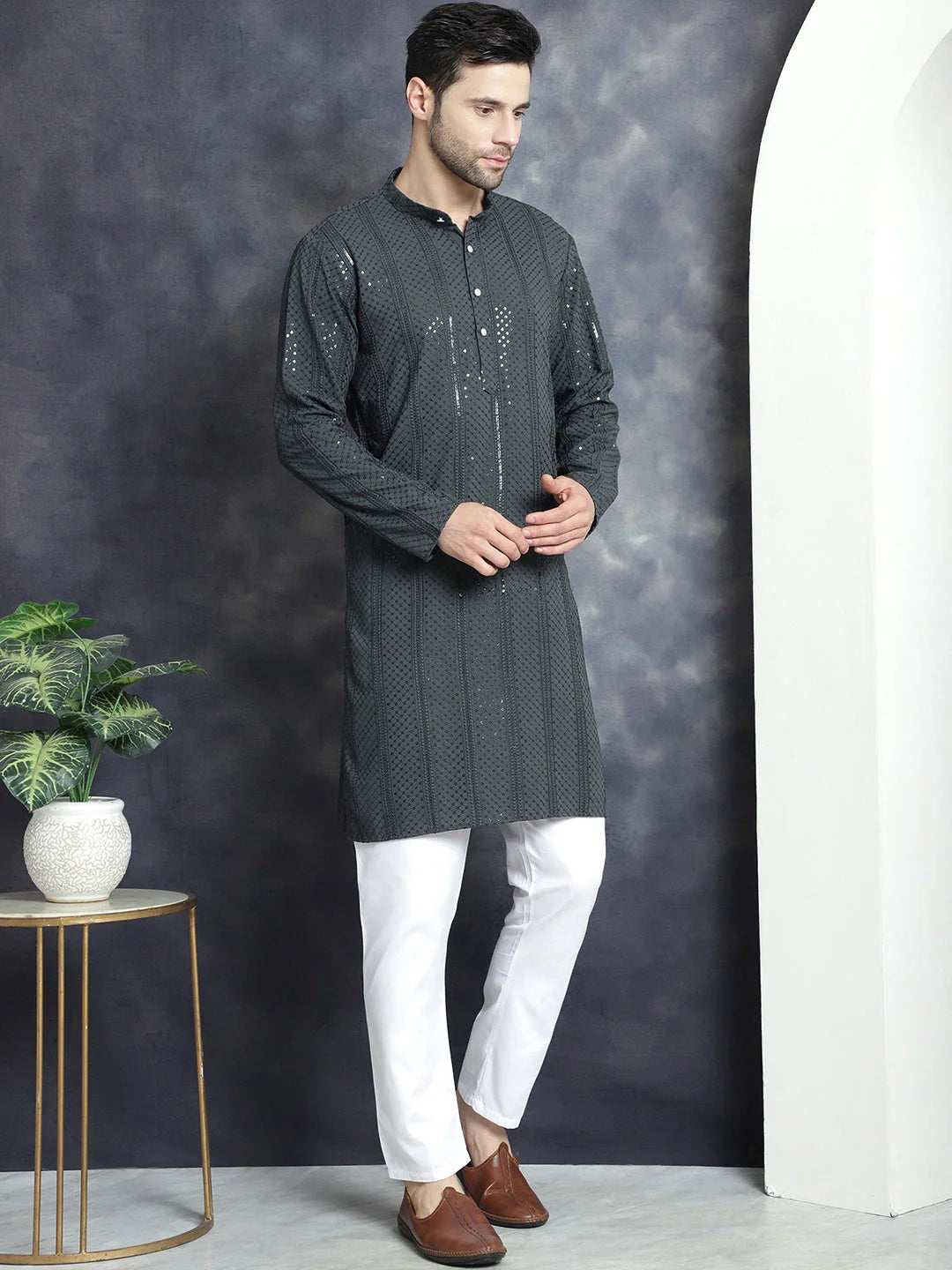 Men's Grey Embroidered Kurta Pajama Set | Sequins Kurta
