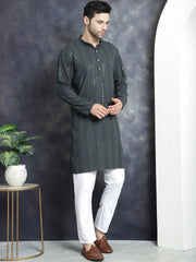 Men's Sequins Chikankari Embroidered Kurta with Pyjama ( JOKP P 5015Grey )