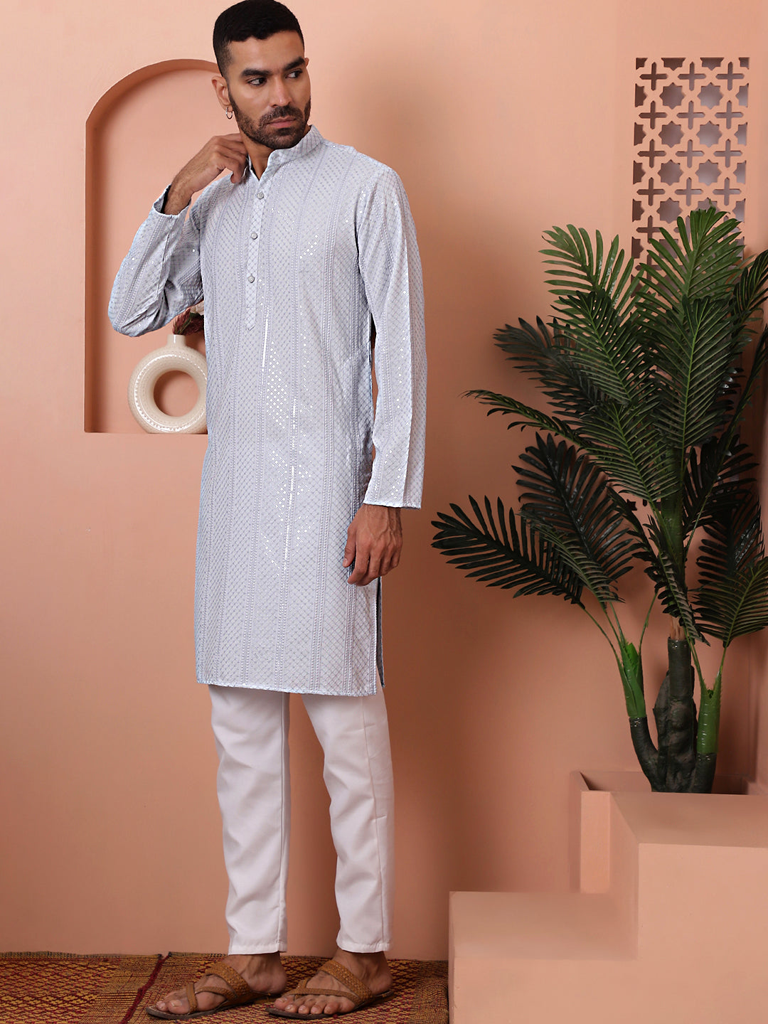 Grey Mens Kurta Pajama Set - Embroidered Pathani Kurta Pajama