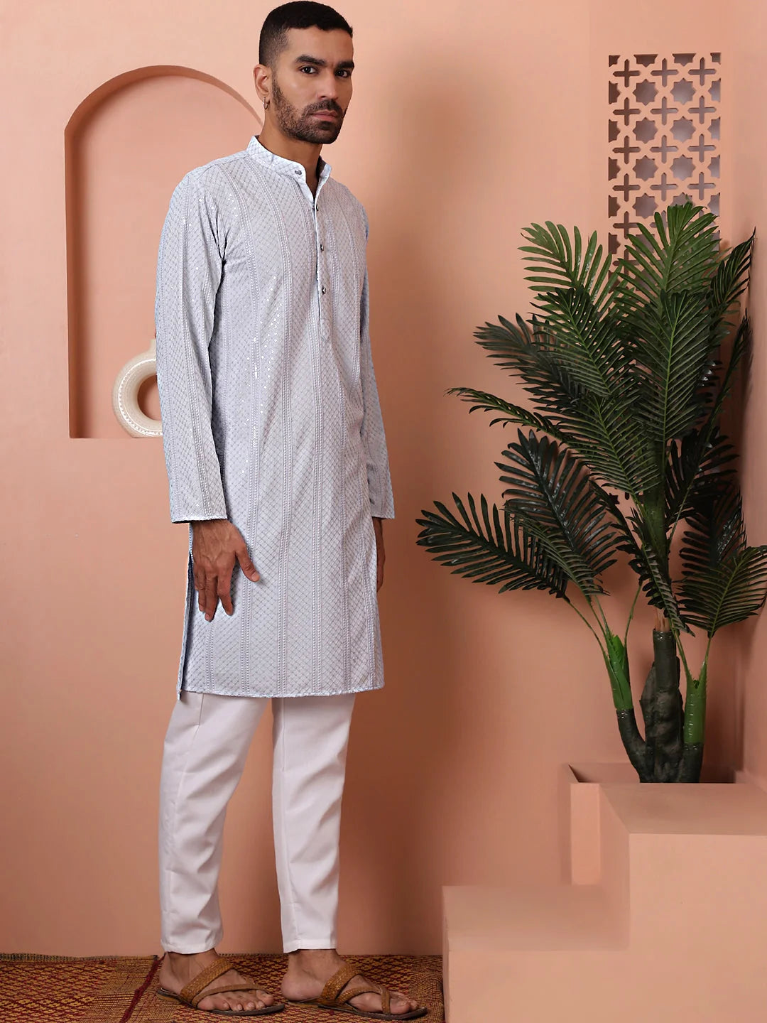 Grey Mens Kurta Pajama Set - Embroidered Pathani Kurta Pajama