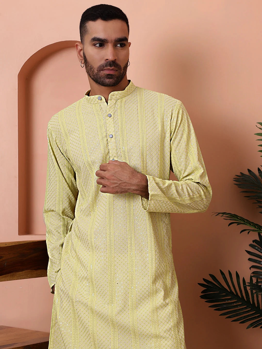Lime Mens Kurta Pajama Set - Embroidered Rayon Pathani Style