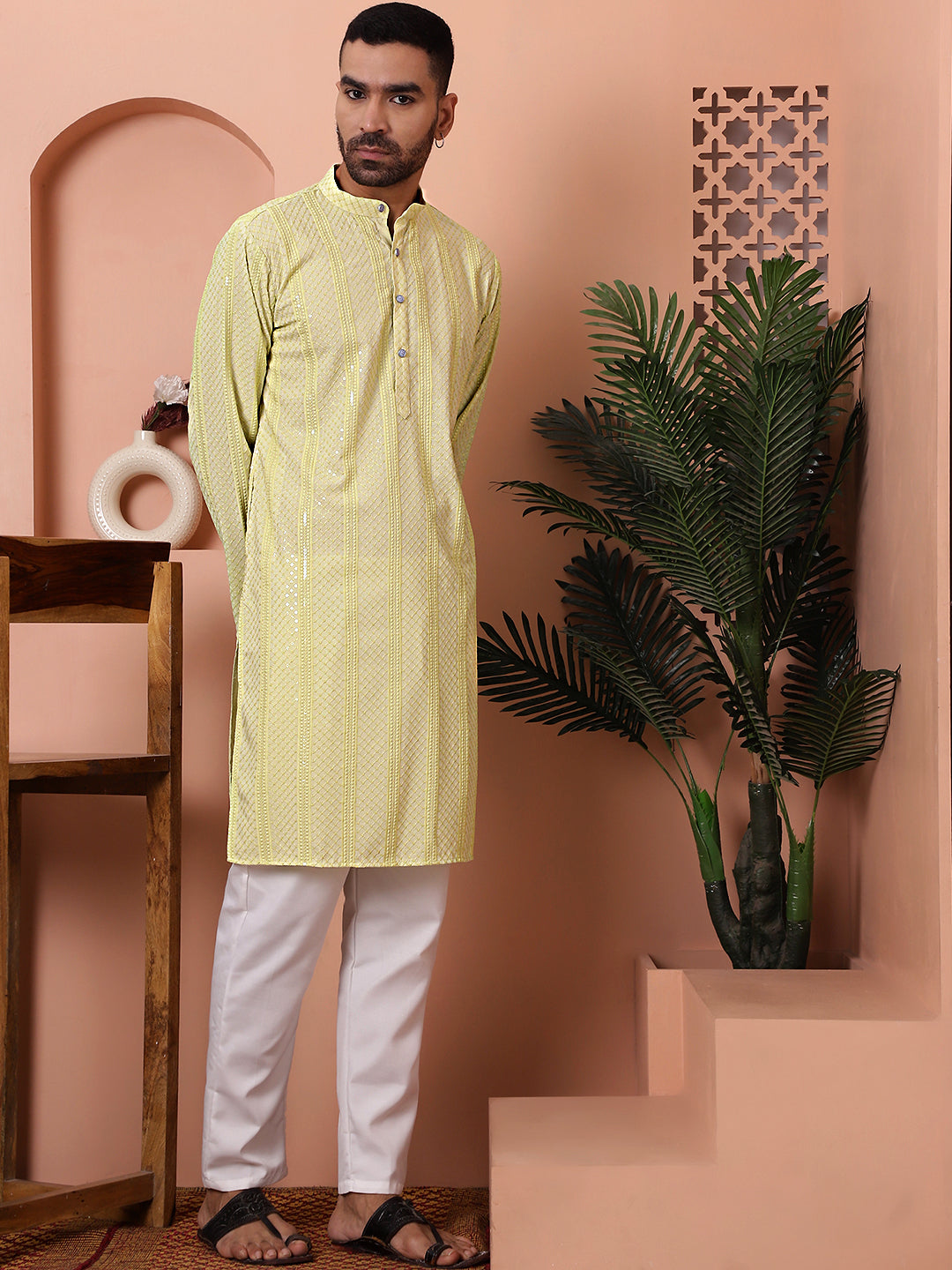 Lime Mens Kurta Pajama Set - Embroidered Rayon Pathani Style