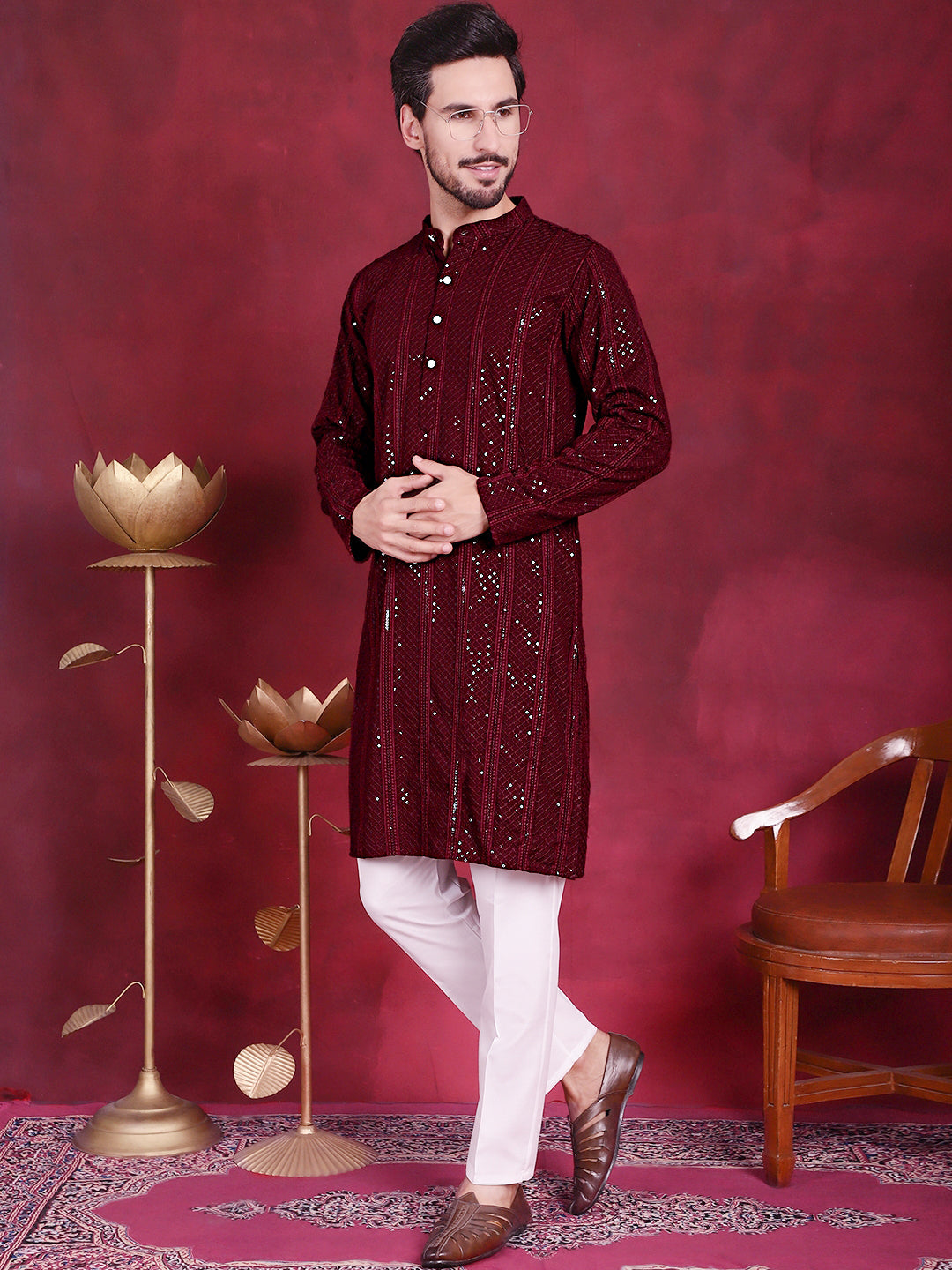 DesiQlo Men Embroidered Kurta Pyjama Set - Maroon - JOKP_P_5015Maroon_