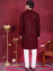 Men's Sequins Chikankari Embroidered Kurta with Pyjama ( JOKP P 5015 Maroon ) [FF] [K-1 to 3 & K6]