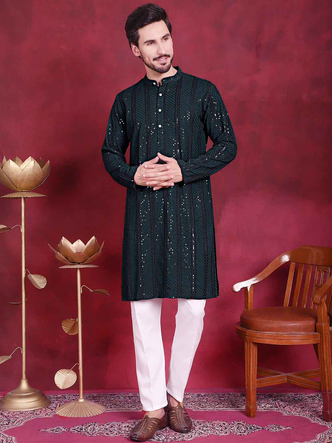 Olive Sequin Kurta Pajama - Men's Chikankari Kurta Pajama Set