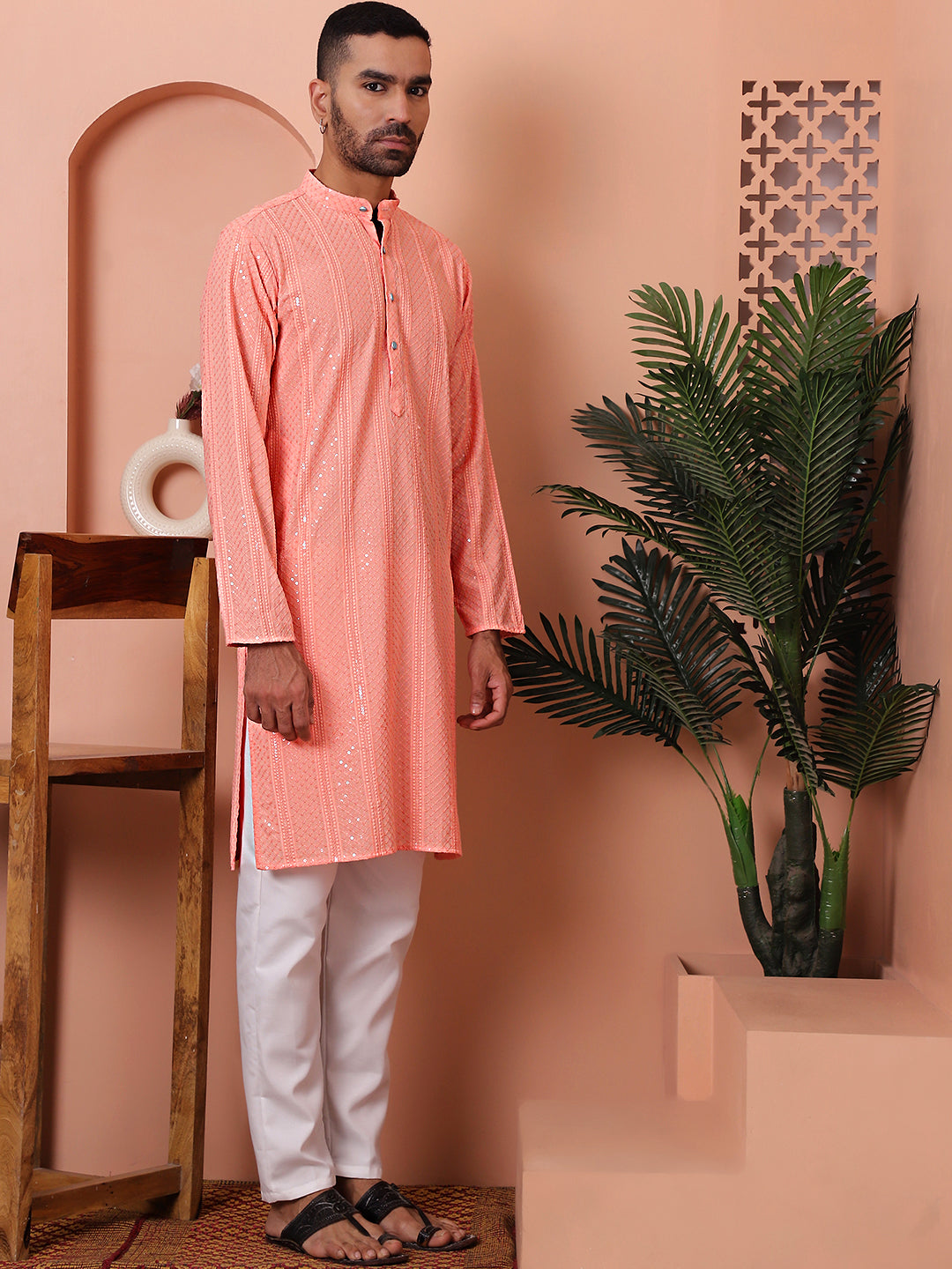 Peach Mens Kurta Pajama Set - Embroidered Rayon Kurta Pajama