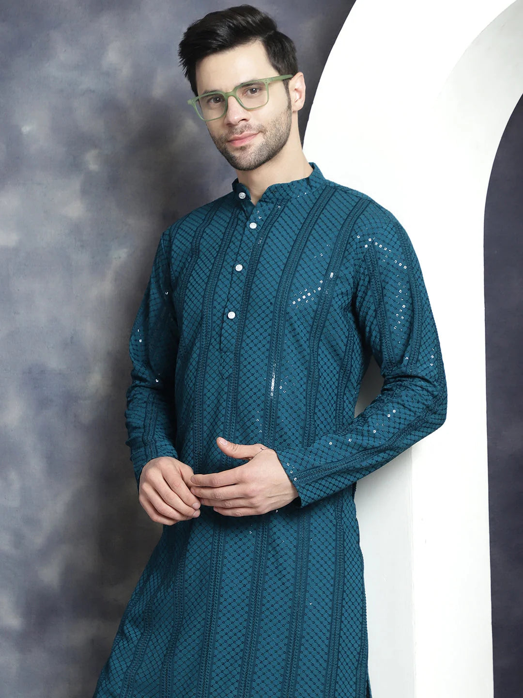 Sequined Chikankari Kurta Pajama Set for Men - Festive Wear