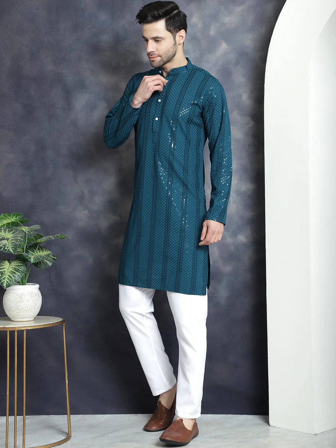 Sequined Chikankari Kurta Pajama Set for Men - Festive Wear