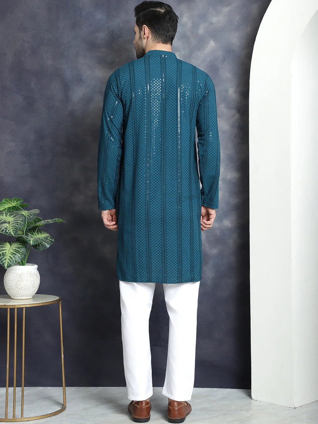 Sequined Chikankari Kurta Pajama Set for Men - Festive Wear