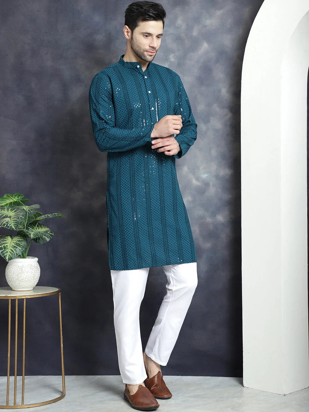Sequined Chikankari Kurta Pajama Set for Men - Festive Wear