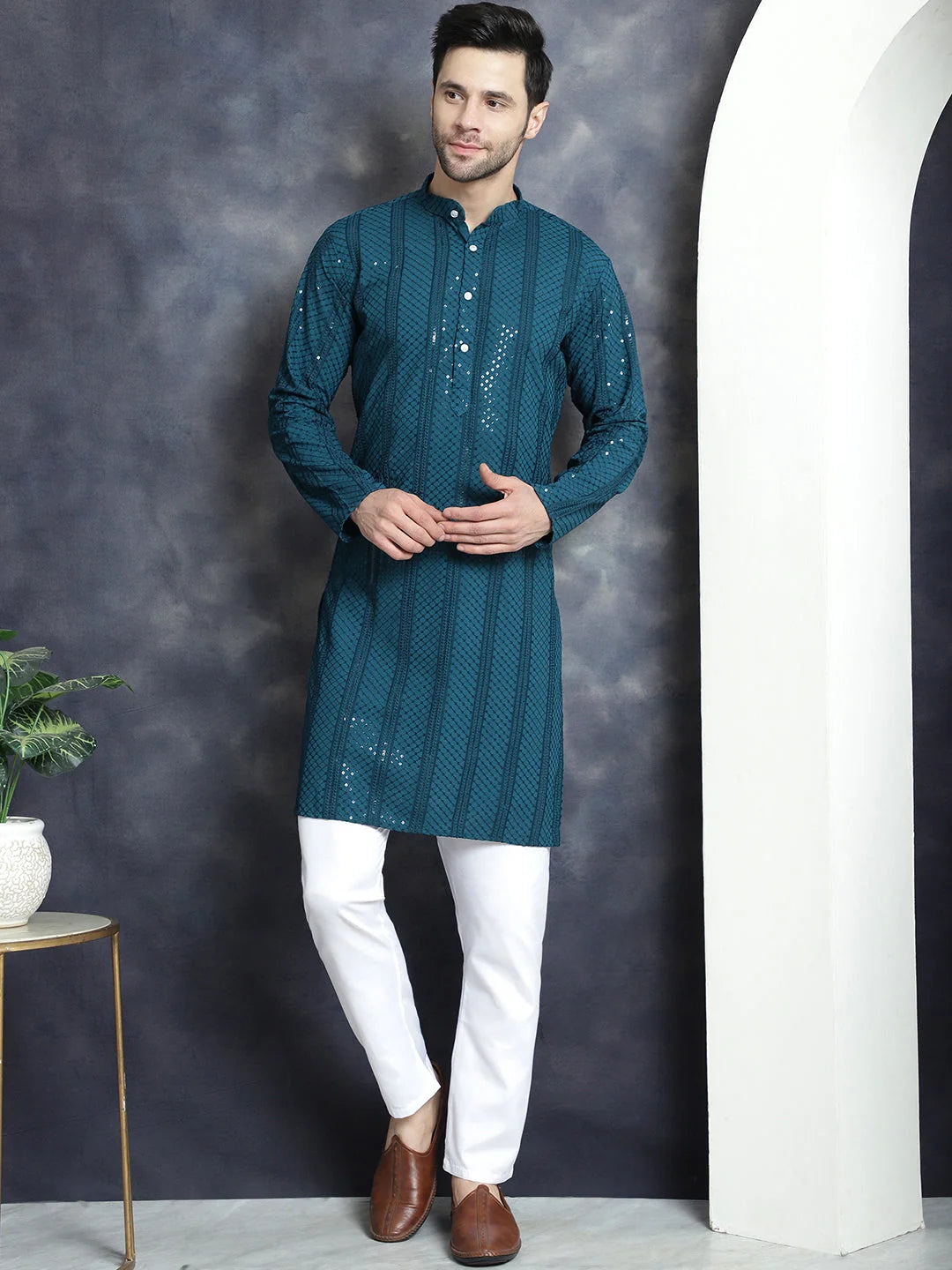 Sequined Chikankari Kurta Pajama Set for Men - Festive Wear