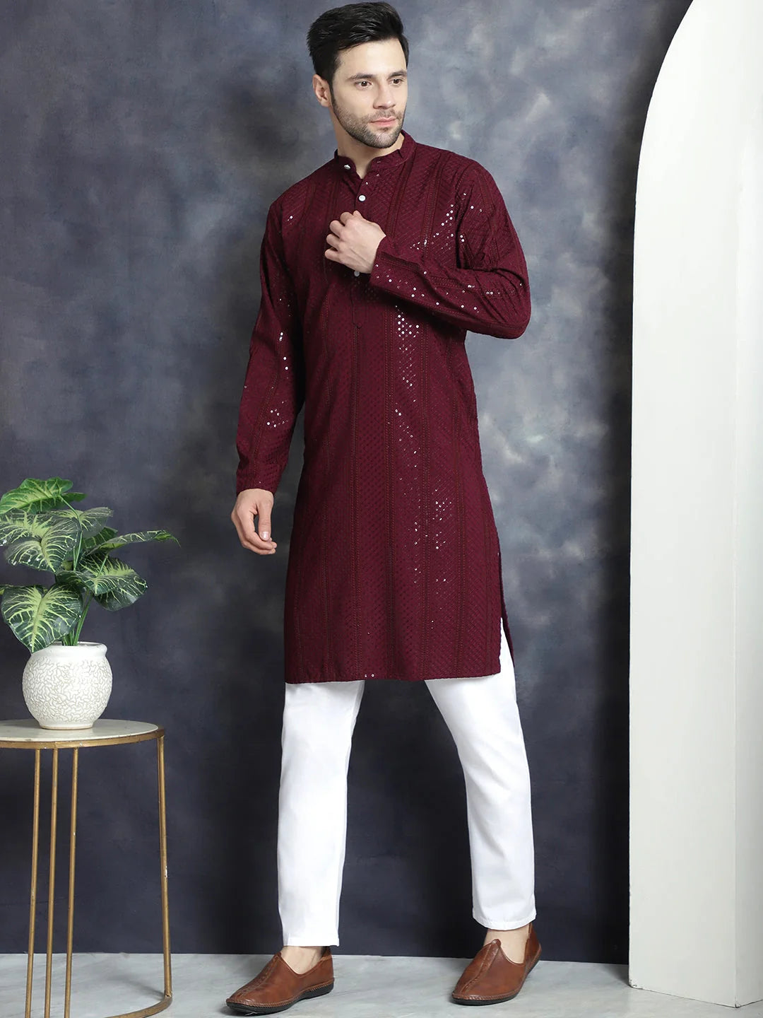 Purple Embroidered Kurta with Pyjama | Mens Kurta Pajama Set