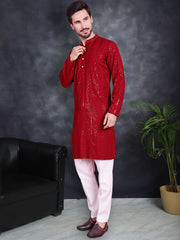 Men's Sequins Chikankari Embroidered Kurta with Pyjama ( JOKP P 5015 Red ) [FF] [K-1 to 3 & K6]