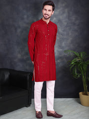 Men's Sequins Chikankari Embroidered Kurta with Pyjama ( JOKP P 5015 Red ) [FF] [K-1 to 3 & K6]