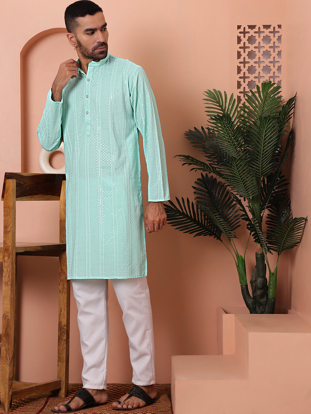 Sky Blue Mens Kurta Pajama Set - Embroidered Rayon Pathani