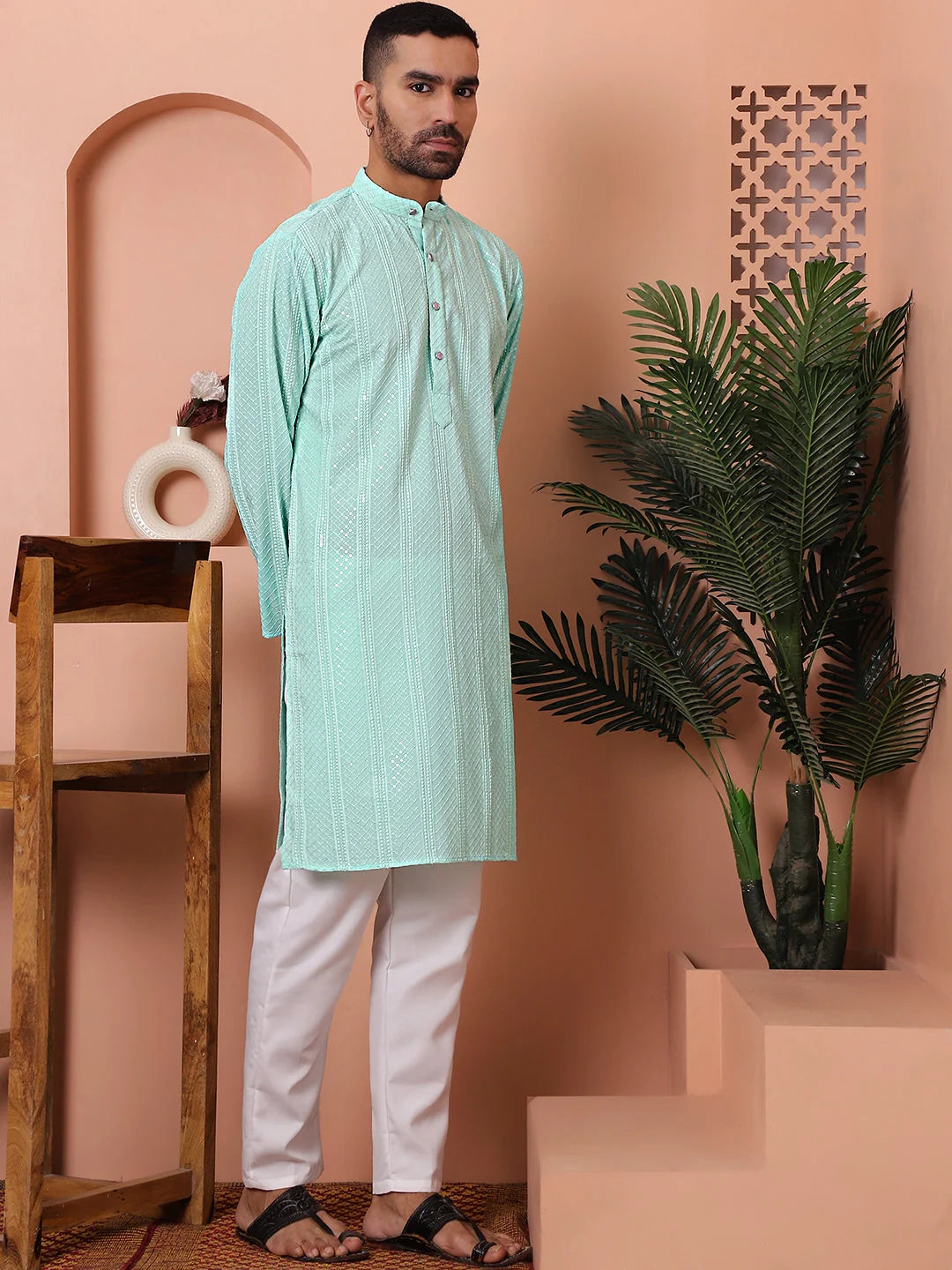 Sky Blue Mens Kurta Pajama Set - Embroidered Rayon Pathani