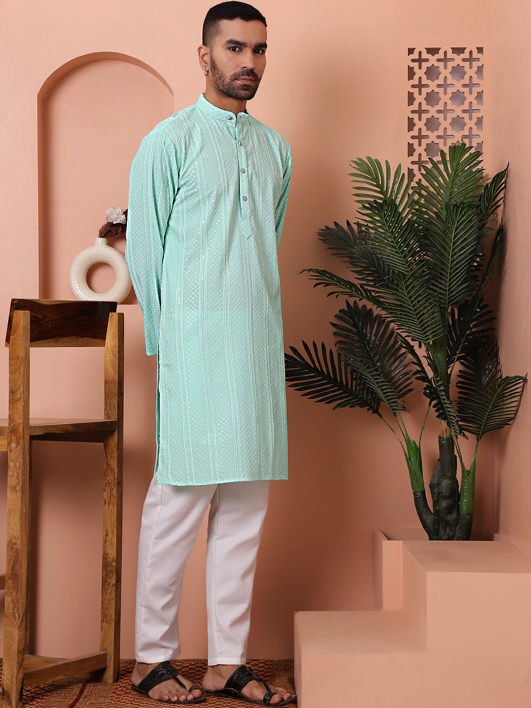 Sky Blue Mens Kurta Pajama Set - Embroidered Rayon Pathani