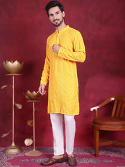 Men's Sequins Chikankari Embroidered Kurta with Pyjama ( JOKP P 5015 Yellow ) [FF] [K-1 to 3 & K6]