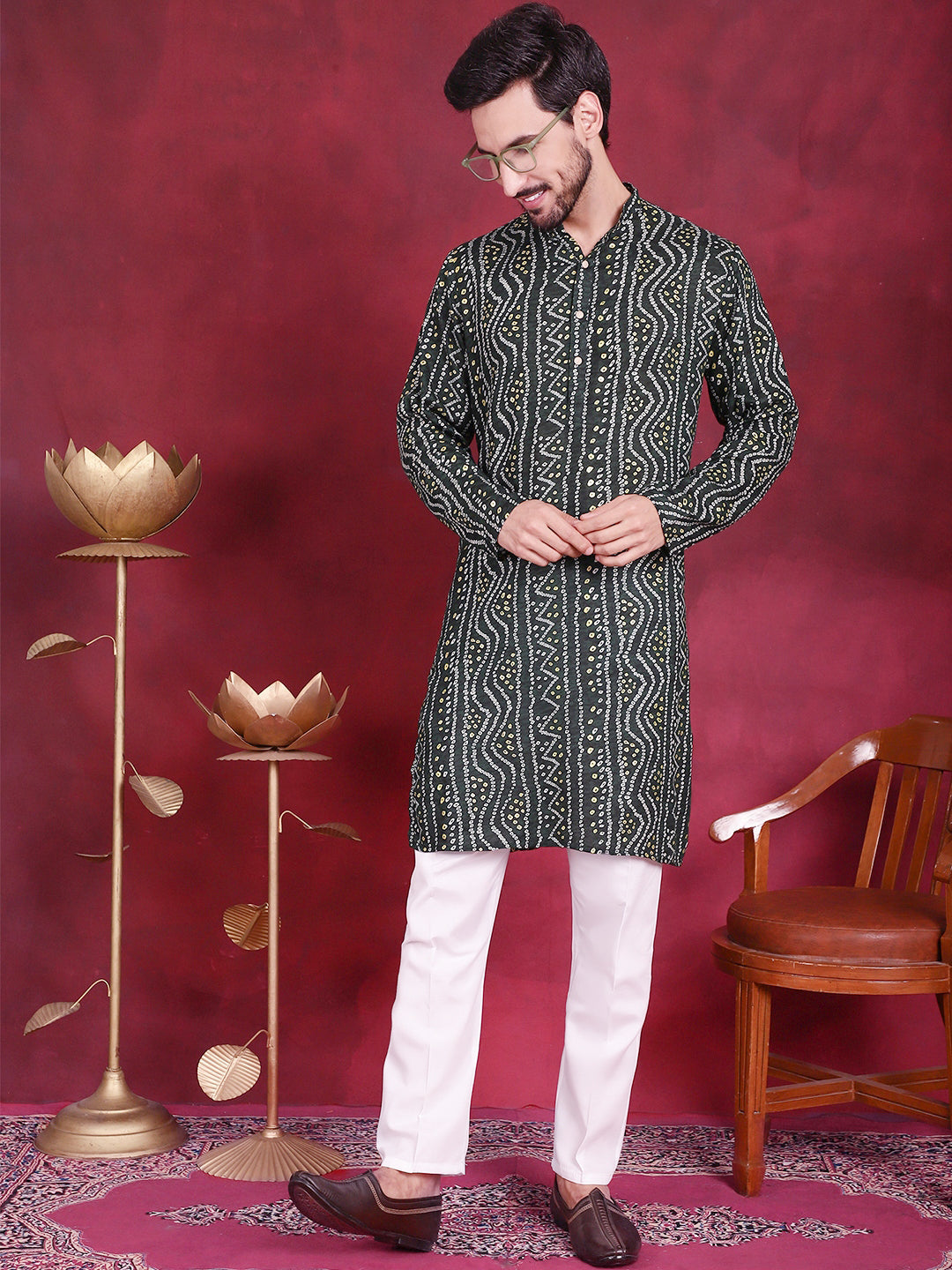 DesiQlo Men Printed Kurta Pyjama Set - Green - JOKP_P_5016Green_S