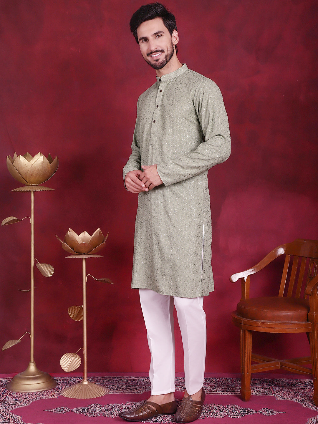 DesiQlo Men Embroidered Kurta Pyjama Set - Green - JOKP_P_5018Pista_S