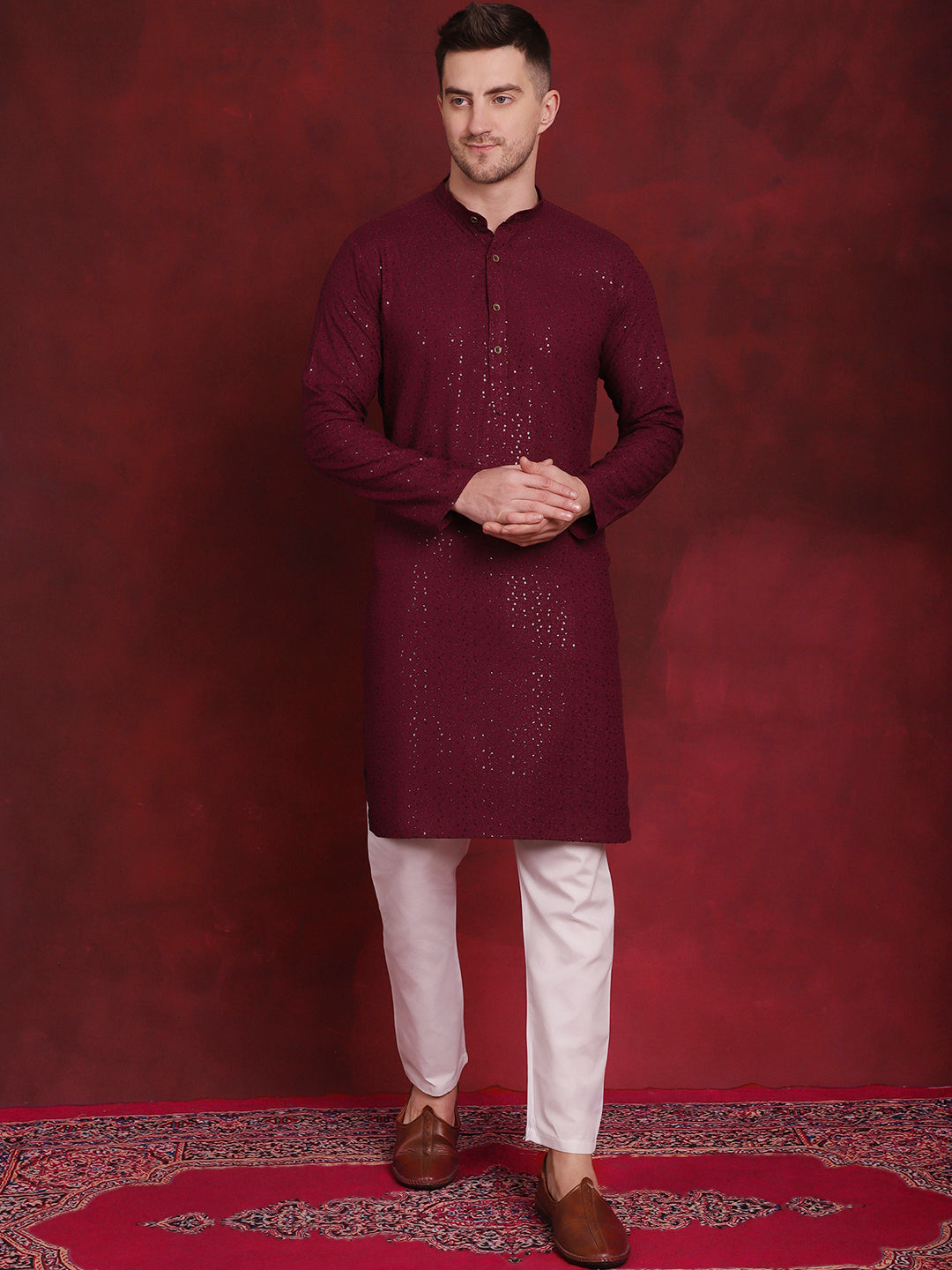 Purple Chikankari Mens Kurta Pajama Set | Embroidered Kurta Pa...