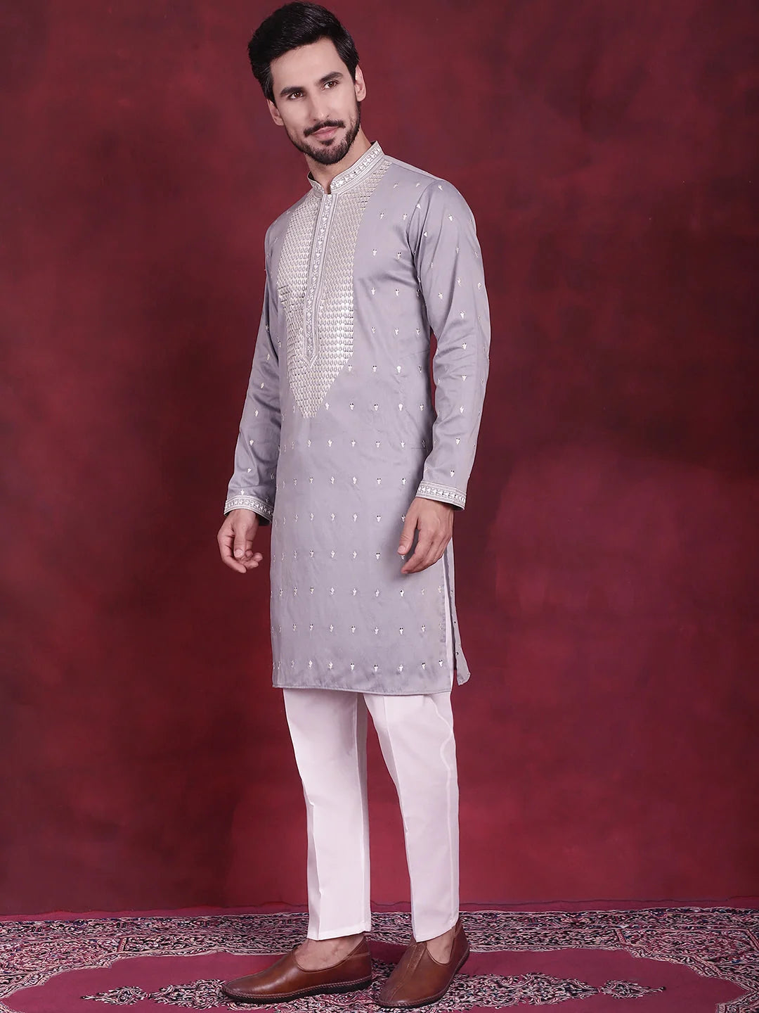 Grey Sequin Embroidered Men's Kurta Pajama Set | Kurta Pajama