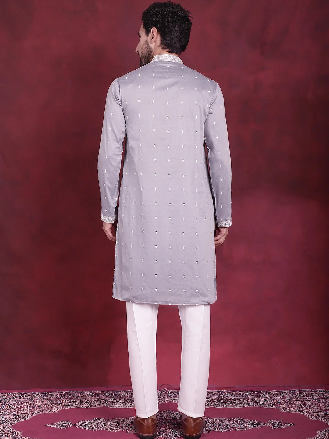 Grey Sequin Embroidered Men's Kurta Pajama Set | Kurta Pajama