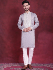 Men's Sequins Embroidered Kurta Pyjama Set ( JOKP 5019 Grey )