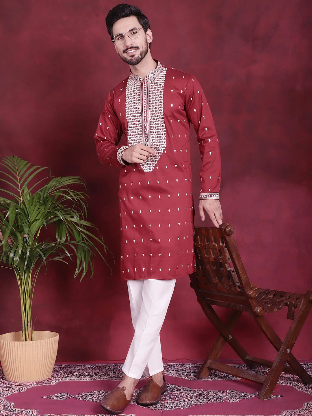 Maroon Sequins Embroidered Men's Kurta Pajama Set | Kurta Pajama