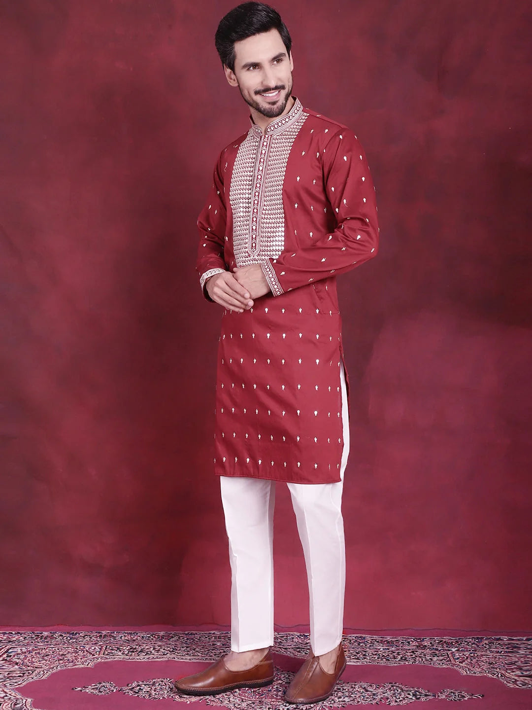 Maroon Sequins Embroidered Men's Kurta Pajama Set | Kurta Pajama