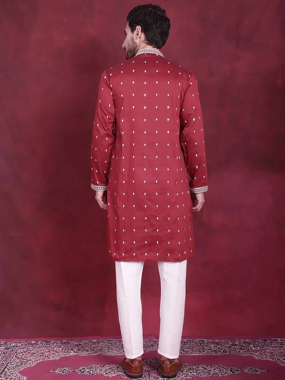 Maroon Sequins Embroidered Men's Kurta Pajama Set | Kurta Pajama