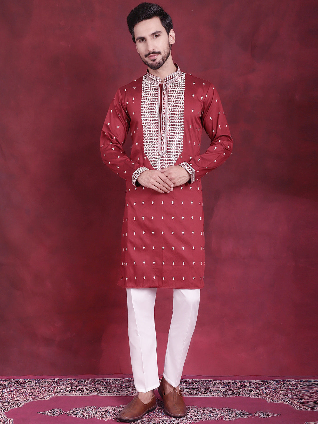 Maroon Sequins Embroidered Men's Kurta Pajama Set | Kurta Pajama