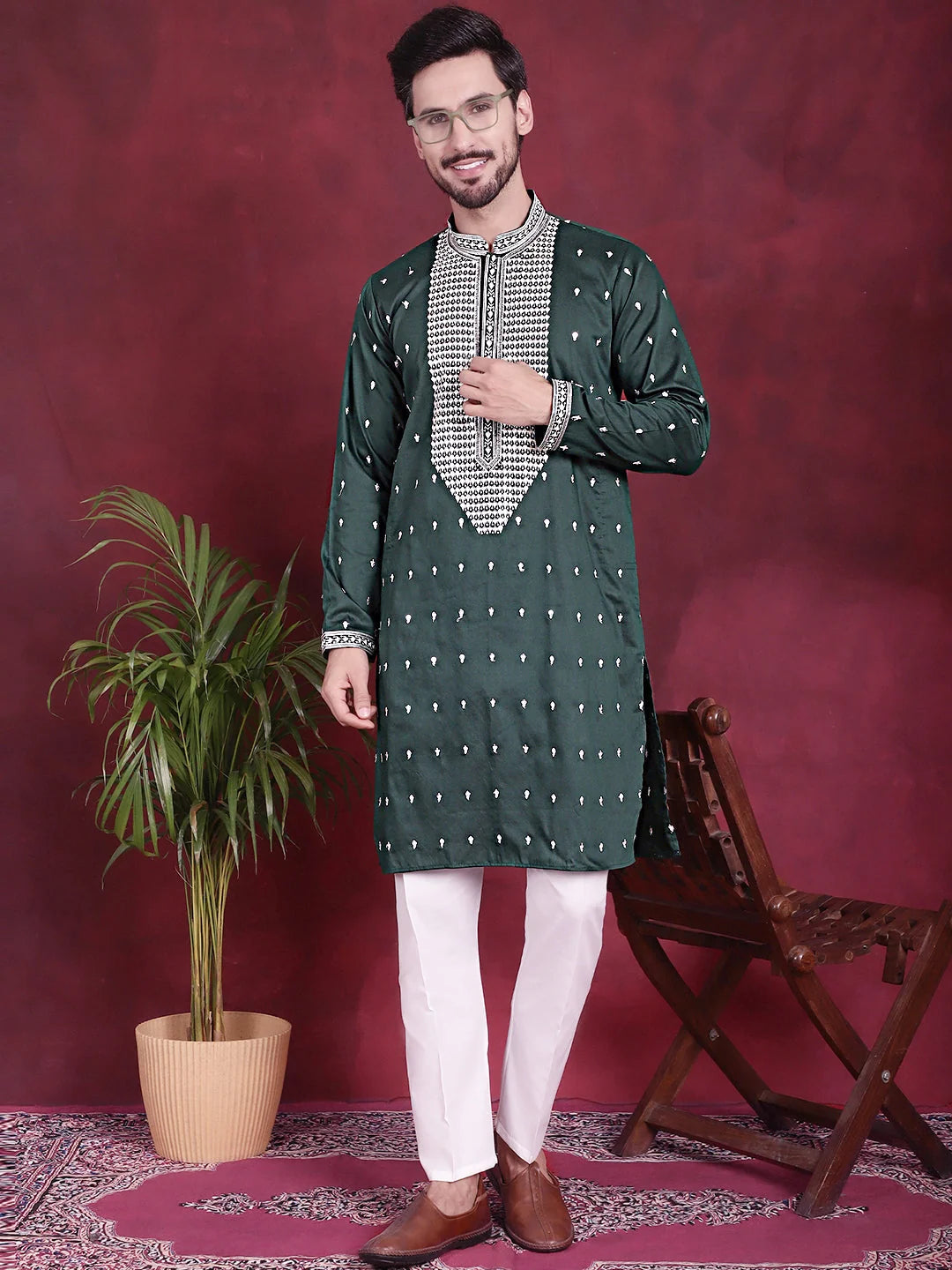 Men's Olive Sequins Embroidered Kurta Pyjama Set | Kurta Pajama