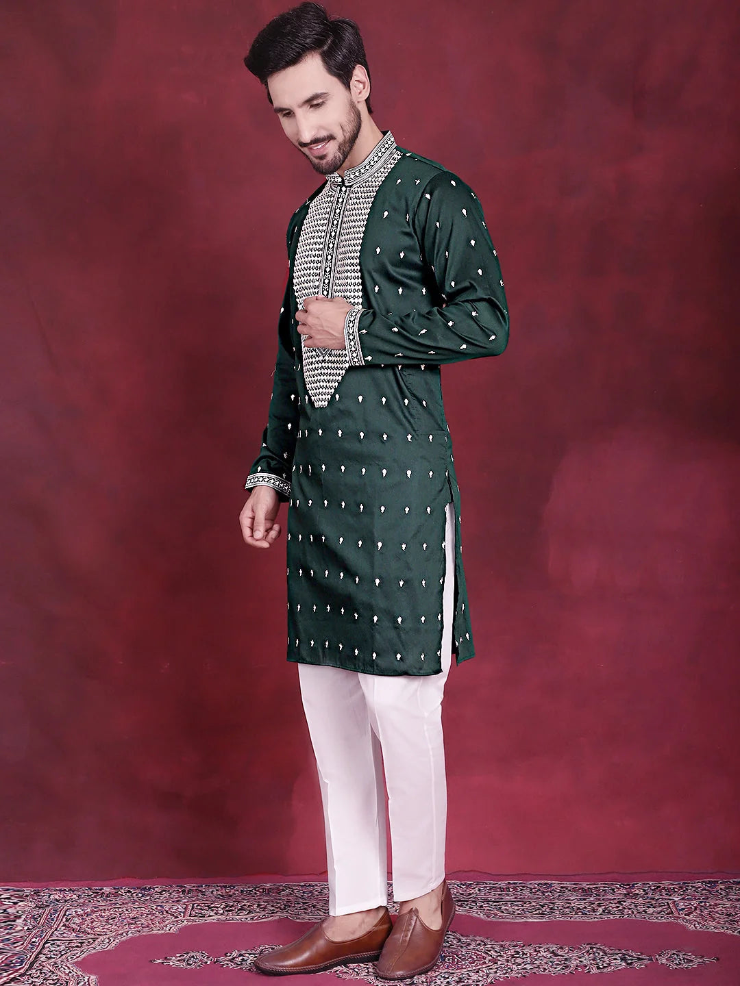 Men's Olive Sequins Embroidered Kurta Pyjama Set | Kurta Pajama
