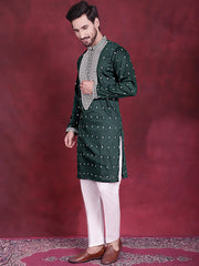 Men's Sequins Embroidered Kurta Pyjama Set ( JOKP 5019 Olive )