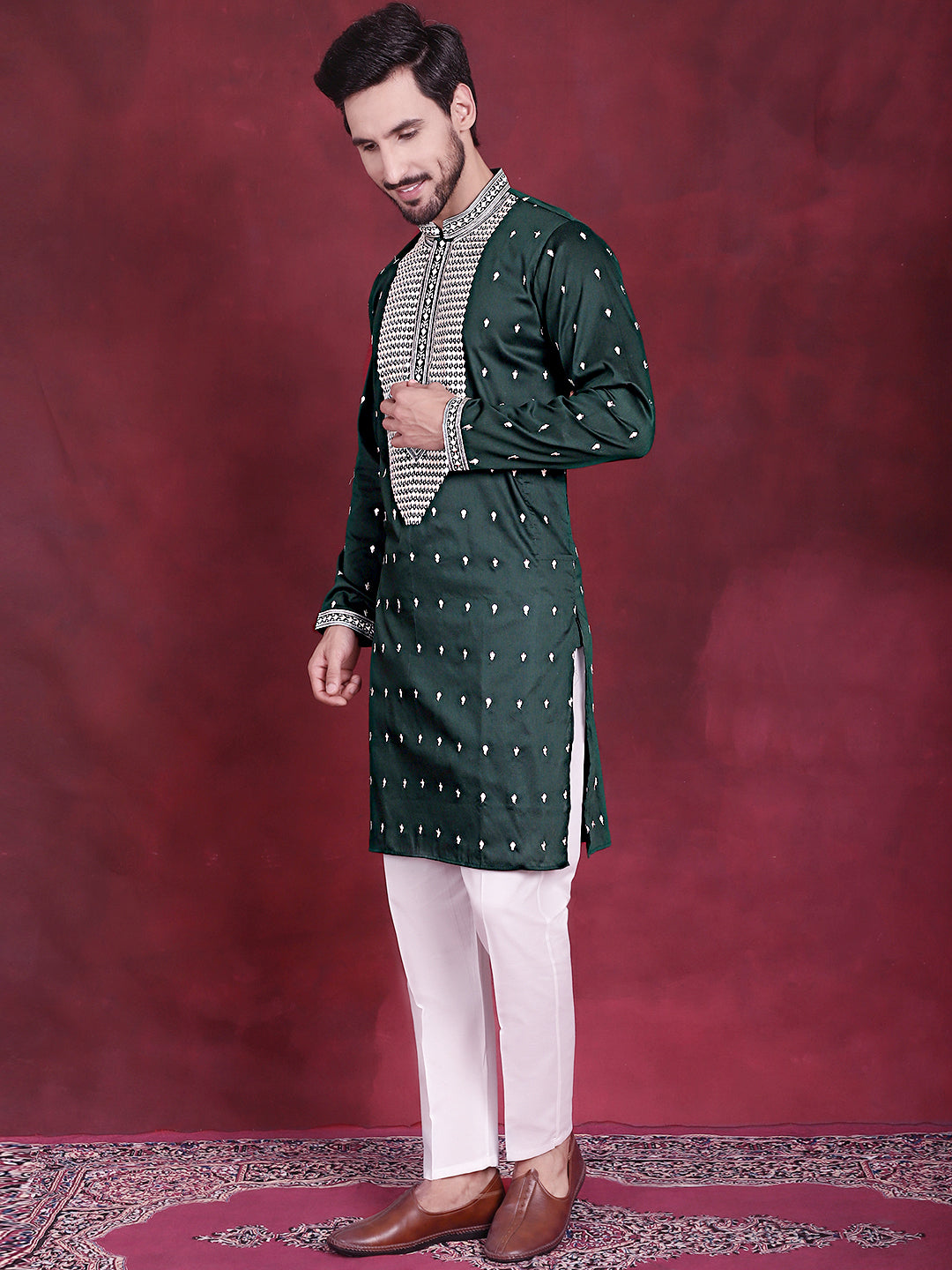 DesiQlo Men Embroidered Kurta Pyjama Set - Green - JOKP_P_5019Olive_S
