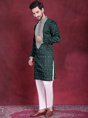 Men's Sequins Embroidered Kurta Pyjama Set ( JOKP P 5019 Olive ) [FF] [I-1-4]