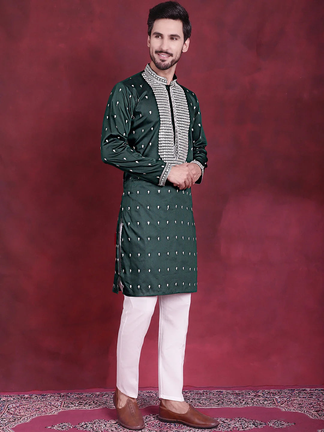 Men's Olive Sequins Embroidered Kurta Pyjama Set | Kurta Pajama
