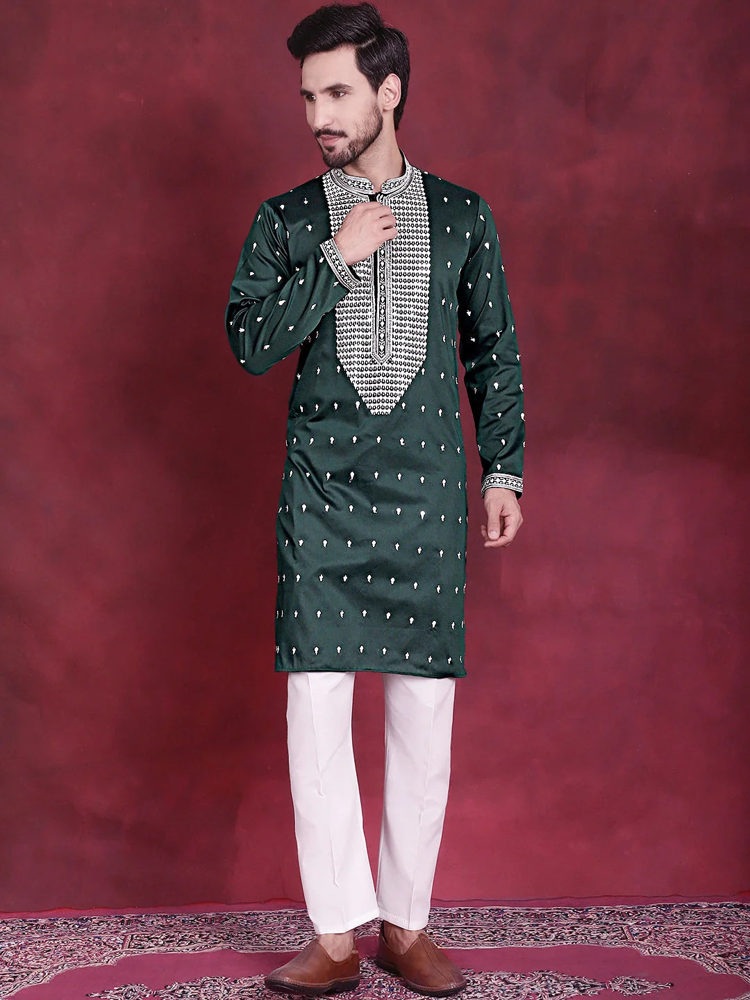 Men's Olive Sequins Embroidered Kurta Pyjama Set | Kurta Pajama