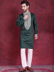 Men's Sequins Embroidered Kurta Pyjama Set ( JOKP P 5019 Olive ) [FF] [I-1-4]